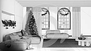 Blueprint unfinished project draft, minimal modern living room with parquet and vaulted ceiling, Velvet sofa and carpet. Christmas