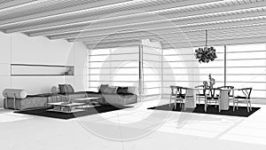 Blueprint unfinished project draft, minimal modern wooden living and dining room with sofa and table. Beams ceiling. Japandi