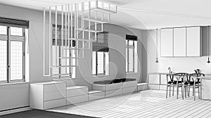 Blueprint unfinished project draft, minimalist nordic wooden kitchen and dining room. Sofa, modern staircase and island with