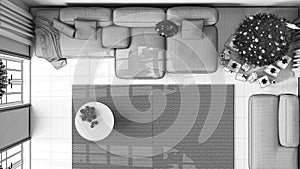 Blueprint unfinished project draft, modern living room with sofa and carpet, parquet floor. Christmas tree and presents,