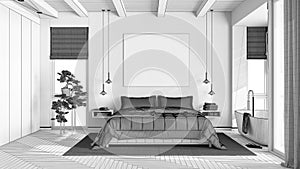 Blueprint unfinished project draft, modern wooden bedroom with bathtub. Double bed, freestanding bathtub and parquet floor.