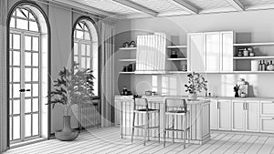 Blueprint unfinished project draft, rustic wooden kitchen with island and stools. parquet, shelves and cabinets. Farmhouse