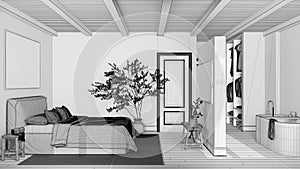 Blueprint unfinished project draft, scandinavian nordic wooden bedroom and bathroom. Double bed and bathtub, walk in closet.