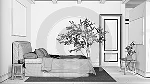 Blueprint unfinished project draft, scandinavian nordic wooden bedroom with double bed. Parquet floor and beams ceiling. Japandi