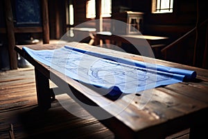 a blueprint unrolled on a wooden table