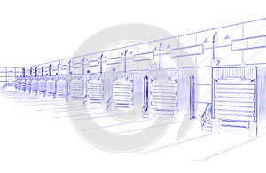 Blueprint of warehouse exterior with shutter doors and truck parking lots