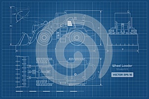 Blueprint of wheel loader. Top, side and front view. Diesel digger. Hydraulic machinery image. Industrial document