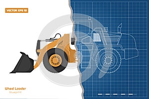 Blueprint of wheel loader. Top, side and front view. Diesel digger. Hydraulic machinery. Industrial document