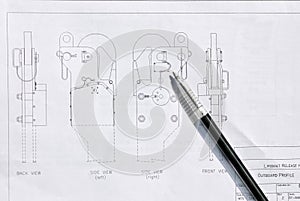 Blueprints with ballpoint pen