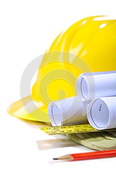 Blueprints on glove with ruller and pencil hardhat