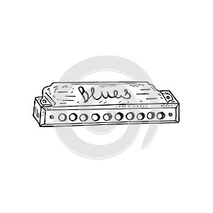 Blues harmonica, hand drawn doodle gravure vintage style, sketch, outline vector