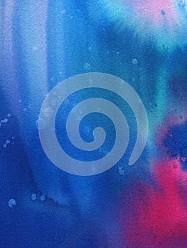 Blues watercolor background with water splashes. Mix of indigo, turquoise and red colors. Cosmic texture with paint