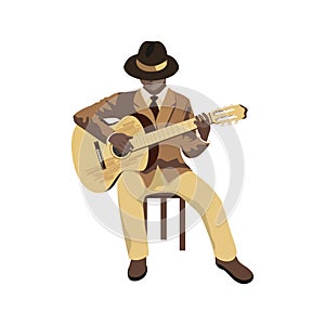 Bluesman in hat sitting on chair and playing the acoustic guitar.