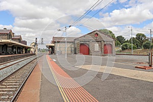 Bluestone Kyneton railway station building, platforms, goods