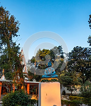 Bluestone sculpture of Lord Shiva in lotus pose amid forest temple, Dehradun, India