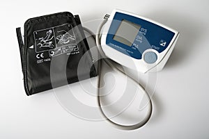 A Bluetooth blood pressure monitor used for home monitoring by health care services and hospitals to monitor patients photo