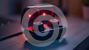 Bluetooth Earbuds in Open Charging Case with Glowing Status Lights