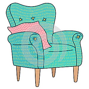 Blueâ€“green armchair with a pink pillow