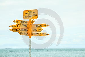 Bluff New Zealand yellow Signpost, with arrows pointing to different directions, major destinations, big cities such as Tokyo