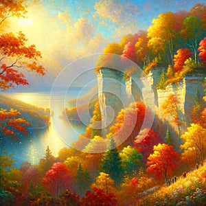 bluffs overlooking the lake, covered in autumn foliage and bathed in sunlight. Painting