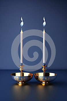 A bluish golden candle stand with two candles burning on them Generative AI