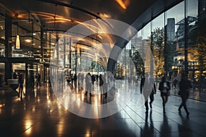 Blur abstract background of business people walking in the walkway of building office silhouettes motion style