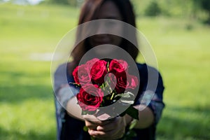 Blur Asian women giving red roses flower to her boyfriend on Valentine`s day