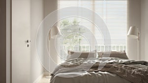 Blur background, cosy peaceful bedroom, double bed, pillows and blankets close-up, ceramic tiles floor, floor lamps, big window