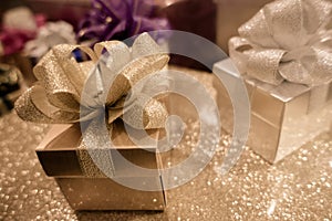 Blur background of Gift box and ribbon bow for celebration festival event new year party