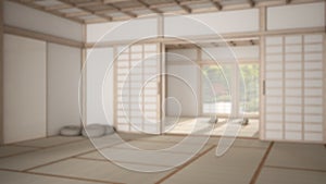 Blur background interior design: empty yoga studio, open space with mats, pillows and accessories, tatami, futon, zen garden