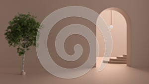 Blur background interior design, imaginary fictional architecture, hall, empty space with arched door, copper lamp, archways, oval