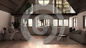 Blur background interior design: loft with mezzanine and staircase, parquet, windows. Studio apartment, open space, bedroom,