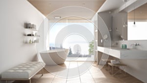 Blur background interior design: luxury modern bathroom with parquet and wooden celiling, bathtub, shower and sink, concept idea
