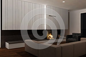 Blur background interior design, modern minimalist furniture with fireplace in contemporary living room with parquet floor, iron