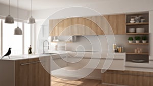 Blur background interior design, modern minimalistic wooden kitchen with parquet floor, carpet and panoramic window, white copy sp