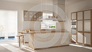 Blur background interior design, modern wooden and white kitchen with island, stools and windows, parquet