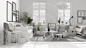 Blur background interior design, scandinavian open space, living room with sofa, coffee tables, armchair, carpet, decors and