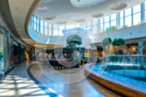 Blur background interior of retail centre store in soft focus. People shopping in modern commercial mall center. Sale, consumerism