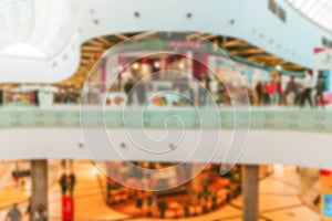 Blur background interior of retail centre store in soft focus. People shopping in modern commercial mall center. Sale, consumerism