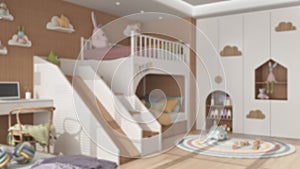 Blur background, modern wooden children bedroom in pastel tones, bunk bed with ladder and slide, parquet floor, desk with chair