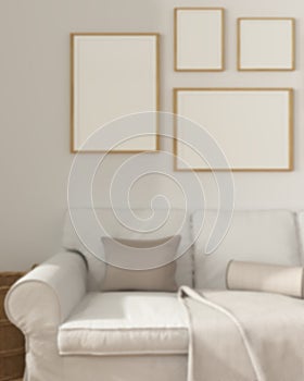 Blur background, wooden scandinavian living room close up, frame mockup with copy space, white fabric sofa with pillows and