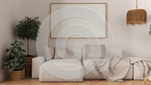 Blur background, wooden scandinavian living room close up, frame mockup with copy space, white fabric sofa with pillows, blanket