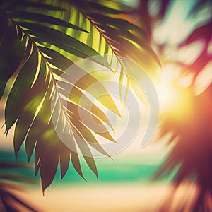 Blur beautiful nature green palm leaf on tropical beach with bokeh sun light flare wave abstract background