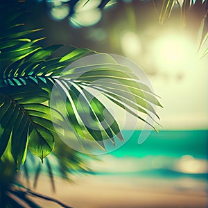 Blur beautiful nature green palm leaf on tropical beach with bokeh sun light flare wave abstract background