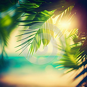 Blur beautiful nature green palm leaf on tropical beach with bokeh sun light flare wave abstract background