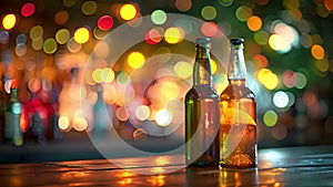 Blur bokeh lights top of bar and free space. Alcohol on bar abstract blur image of night festival in a restaurant and