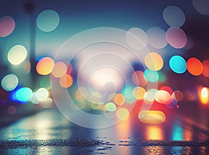 blur bokeh night city street colorful. after rain wet asphalt road light color reflection for background