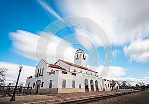 Blur clouds over a train Depot in Idaho