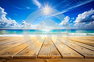 The blur cool sea background with wood floor foreground on horizon tropical sandy beach relaxing outdoors vacation with heavenly photo