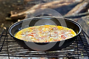 Blur. Fried eggs with vegetables are cooked in a pan on a grill on coals in the open air